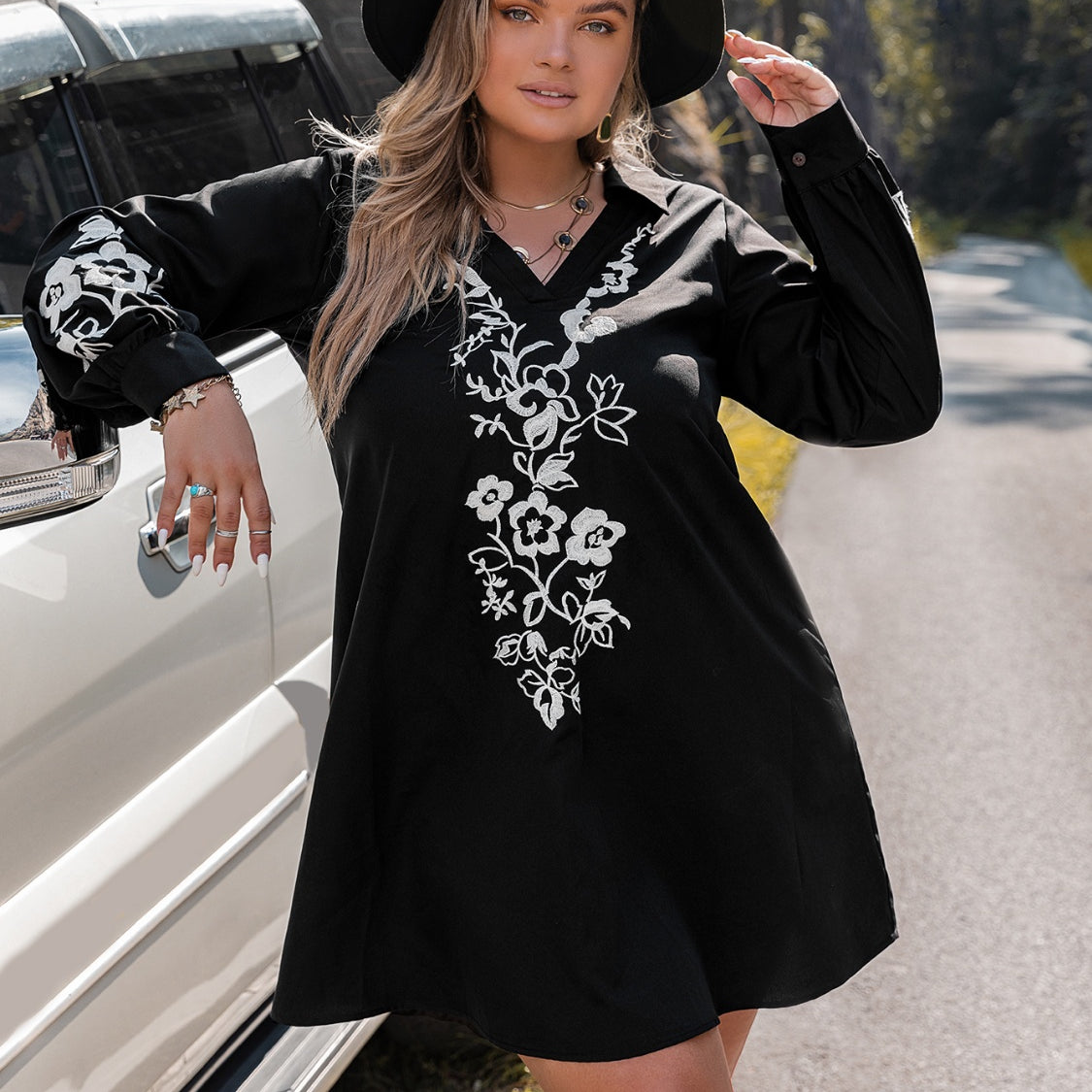 Plus Size Embroidered Long Sleeve Mini Dress