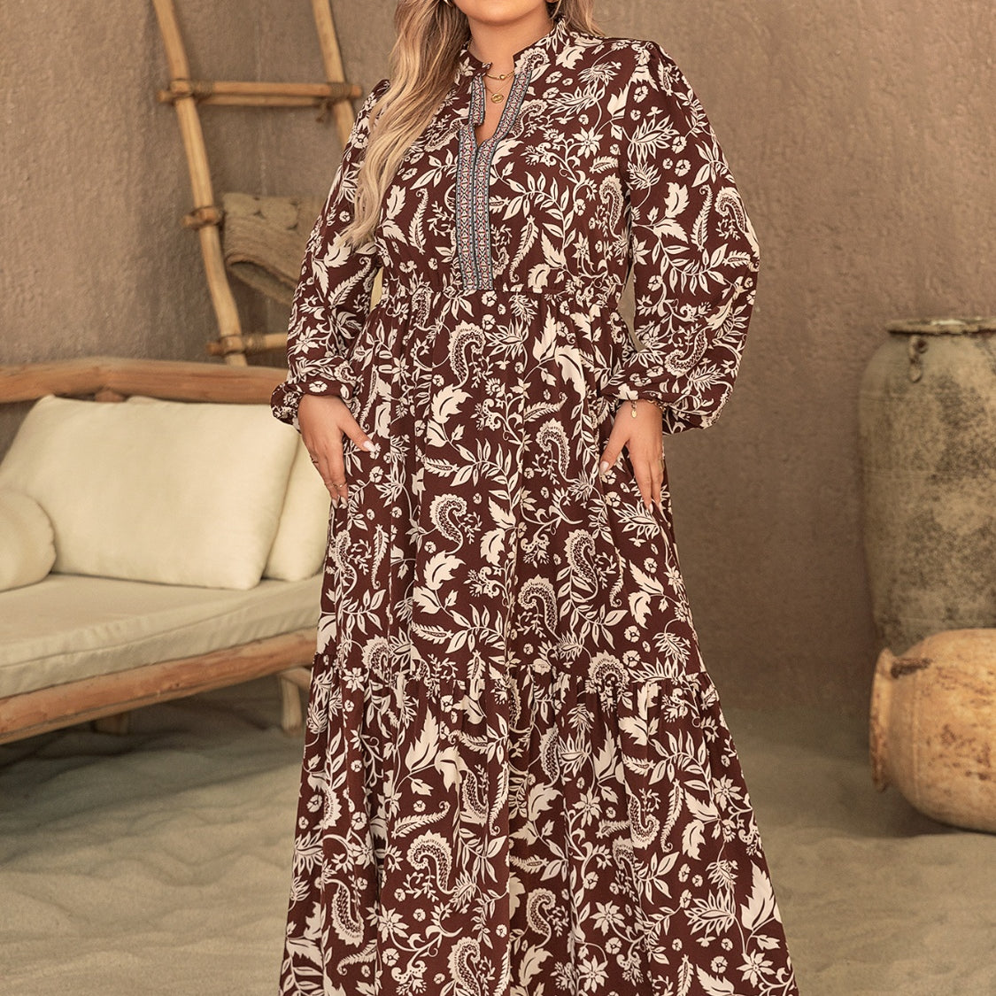 Plus Size Notched Balloon Sleeve Printed Maxi Dress