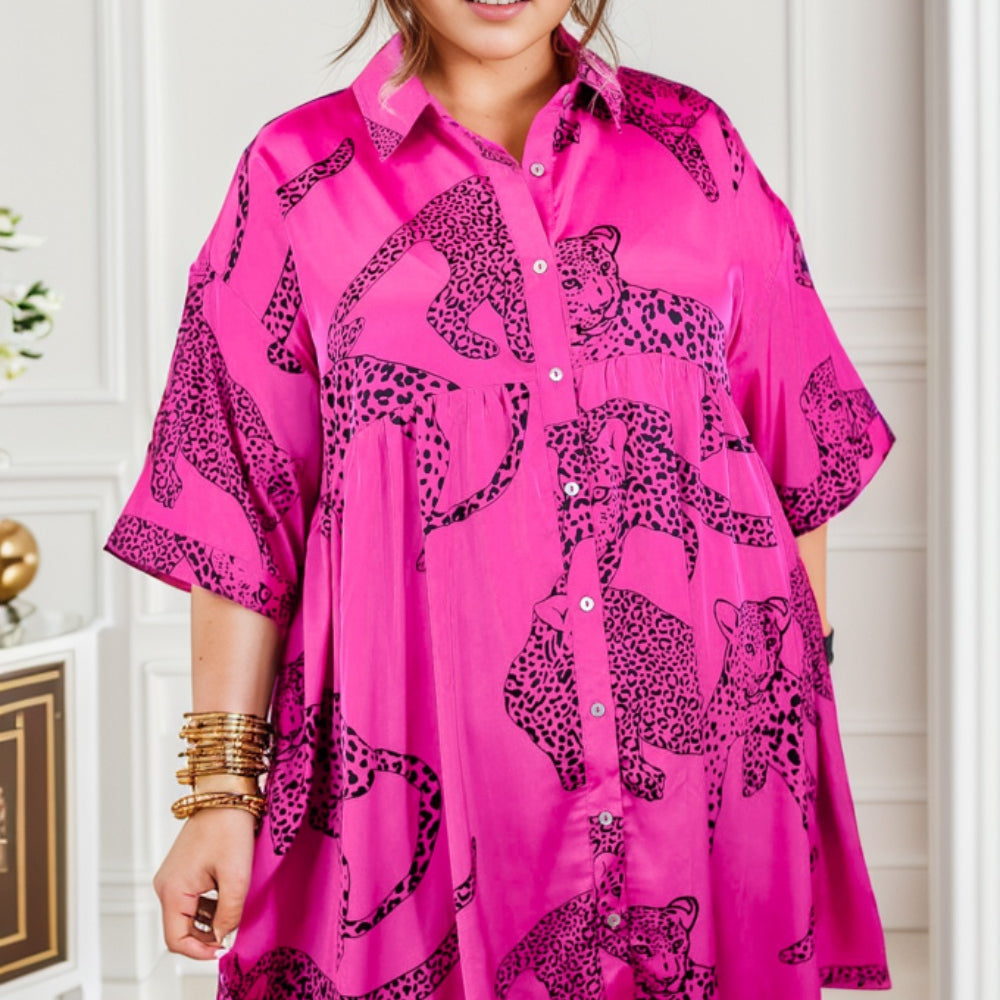 Plus Size Tiger Printed Button Up Half Sleeve Dress