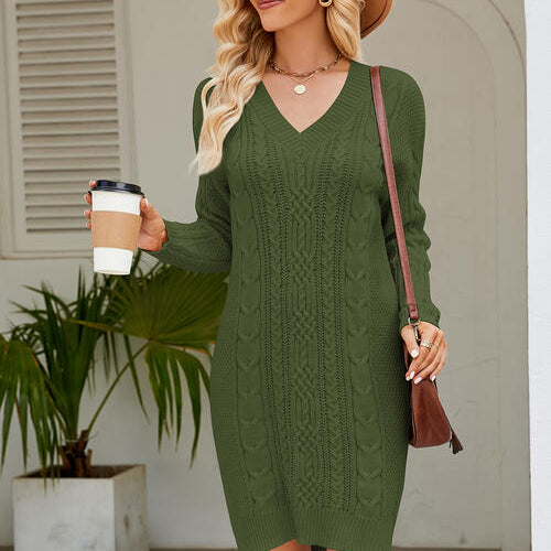 Cable-Knit Long Sleeve Sweater Dress