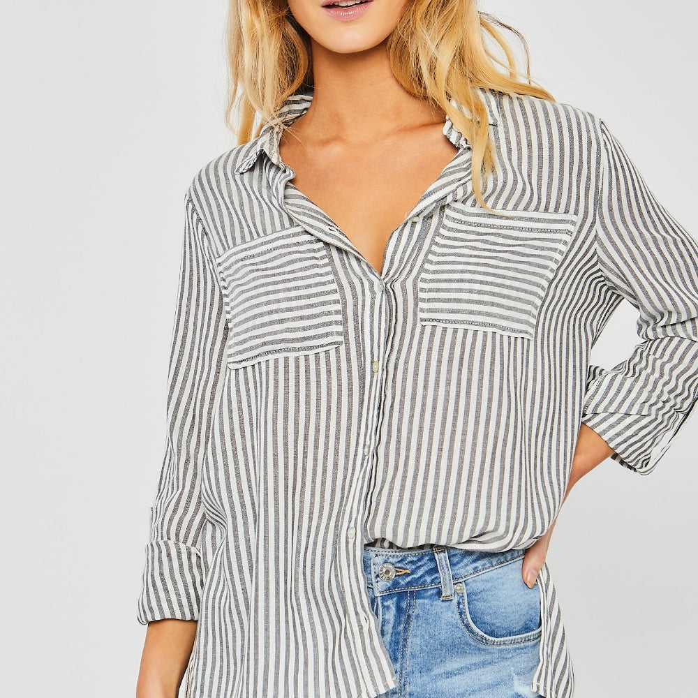 Love Tree Striped Collared Neck Long Sleeve Shirt