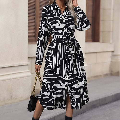 Printed Tie Front Collared Neck Slit Shirt Dress