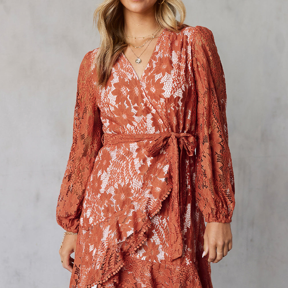 Lacy In Floral Puff Sleeve Belted Dress