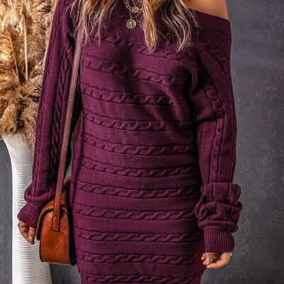 Cable-Knit Boat Neck Sweater Dress
