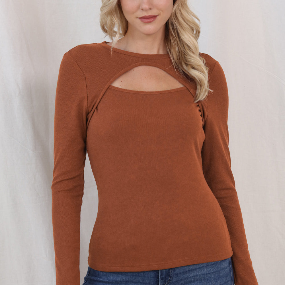 Cutout Round Neck Long Sleeve Top