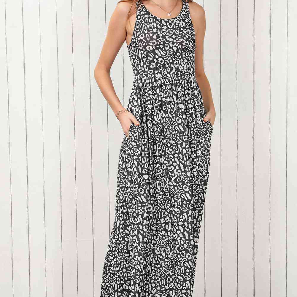 Leopard Round Neck Sleeveless Maxi Dress