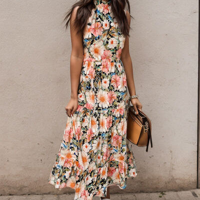 Printed Tiered Pocketed Mock Neck Midi Dress