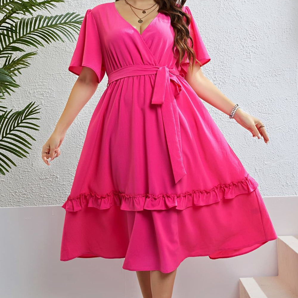 Audrey Pretty In Pink Frill Trim Belted Midi Dress
