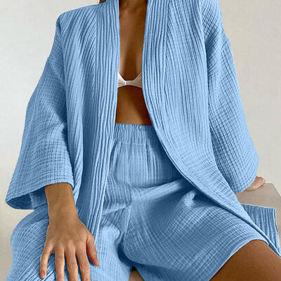 Textured Dropped Shoulder Cardigan and Shorts Set