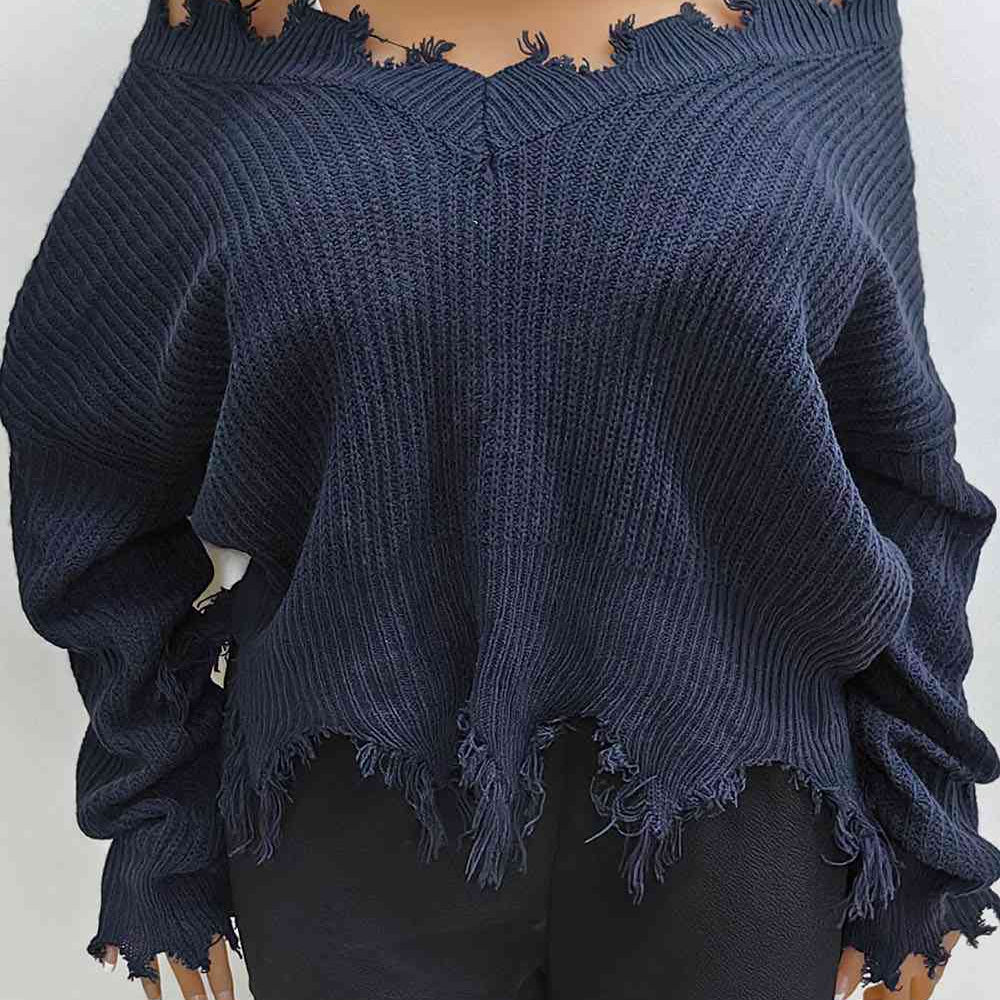 Plus Size Fringe V-Neck Raglan Sleeve Sweater