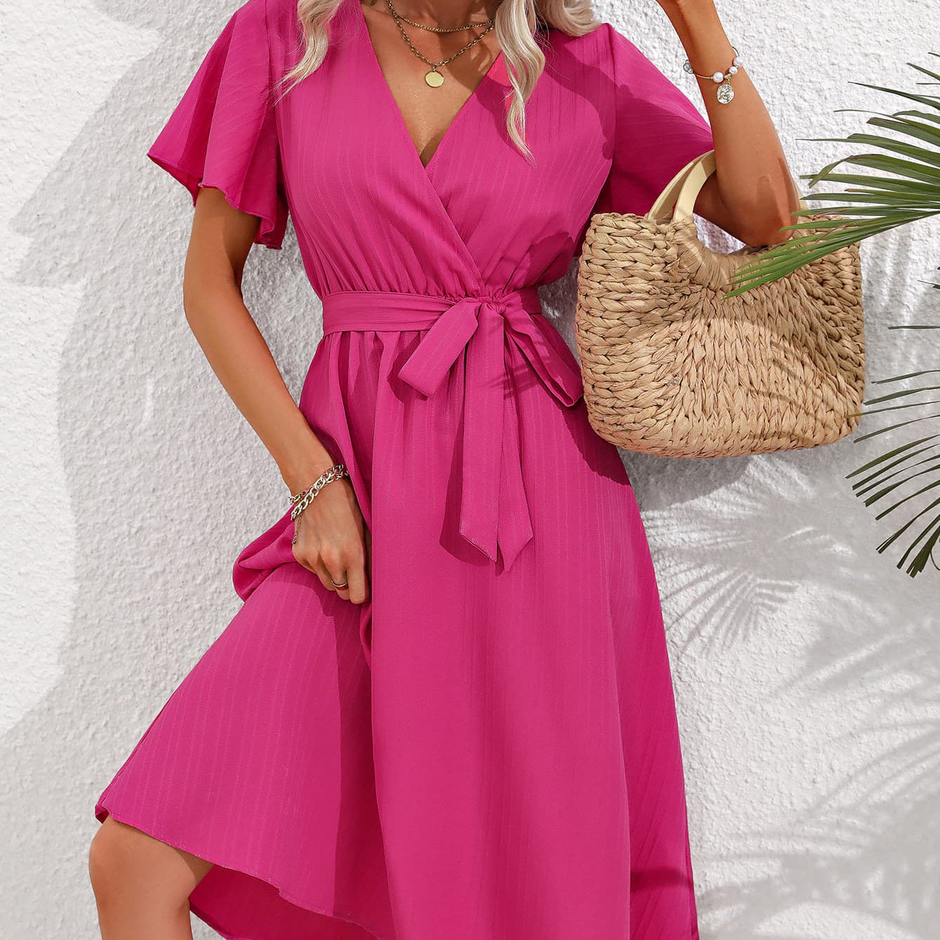 Pink Is Your Color Surplice Neck Tie Belt Midi Dress!